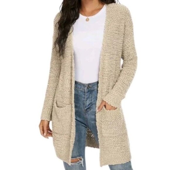 Massimo Dutti Eyelash Open Front Long Cream Womens Cardigan Sweater Size Medium - Picture 2 of 9